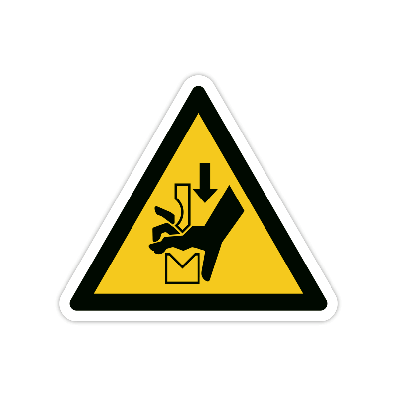 Warnzeichen W030 Warnung vor Quetschgefahr der Hand zwischen den Werkzeugen einer Presse Warnzeichen W030 Warnung vor Quetschgefahr der Hand zwischen den Werkzeugen einer Presse