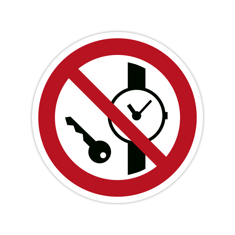 Verbotszeichen P008 Keine Metallteile oder Uhren mitführen 